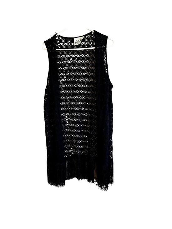 Katy D Sweaters - Vintage Katy D open knit black fringe cardigan top size 14 festival